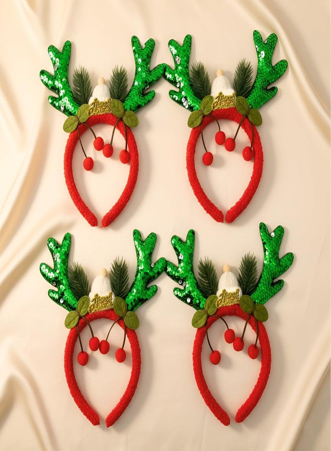 ascension Christmas Reindeer Antler Headband Furry Red Band with Green Sequin Antlers, Cherries & Merry Christmas Tag for Kids Adult Xmas Party Decor Xmas Gift for Children (Pack of 4) - Image 1